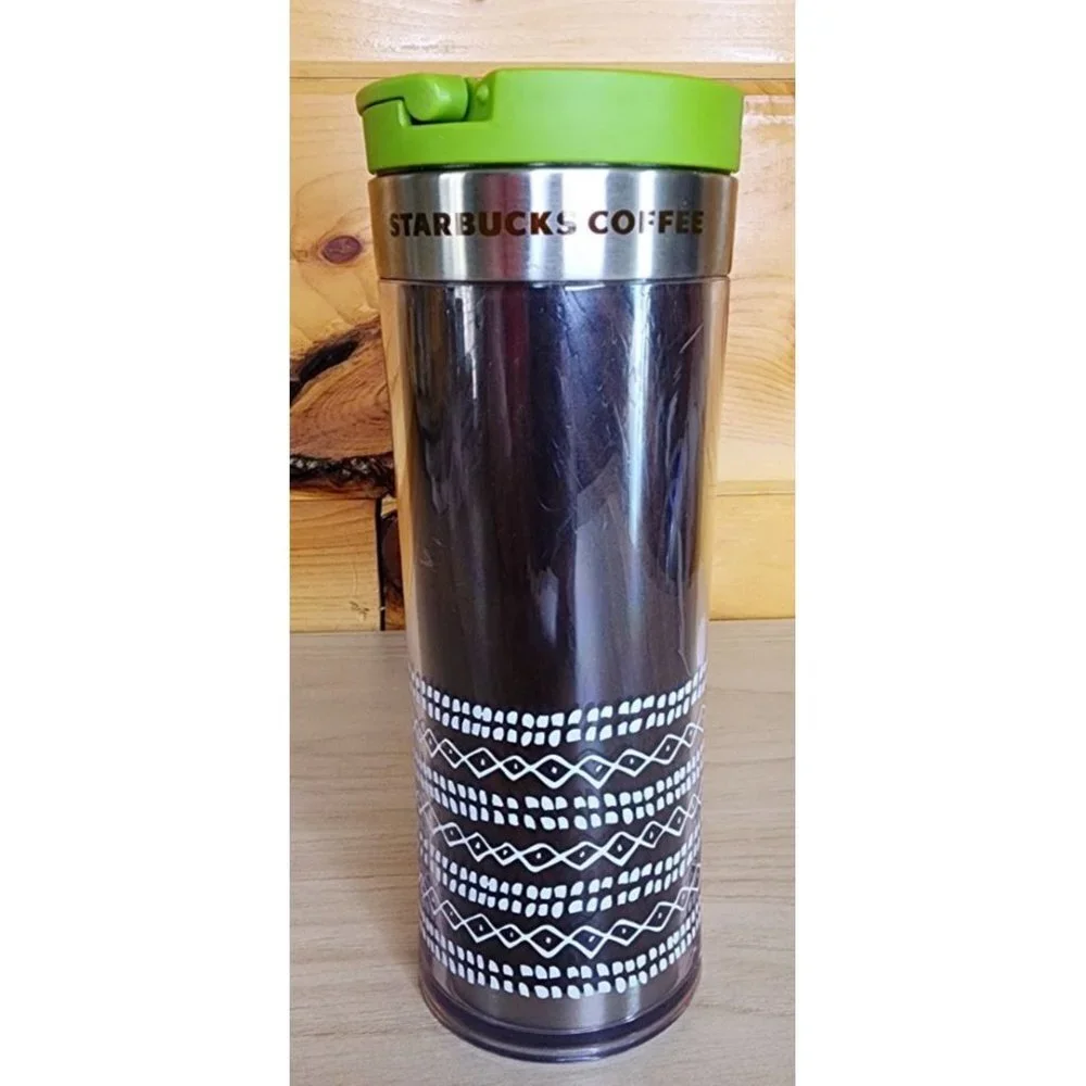 Starbucks Coffee Wood Green Tumbler 12oz Tin Flip Lid Nature Travel Mug 2009